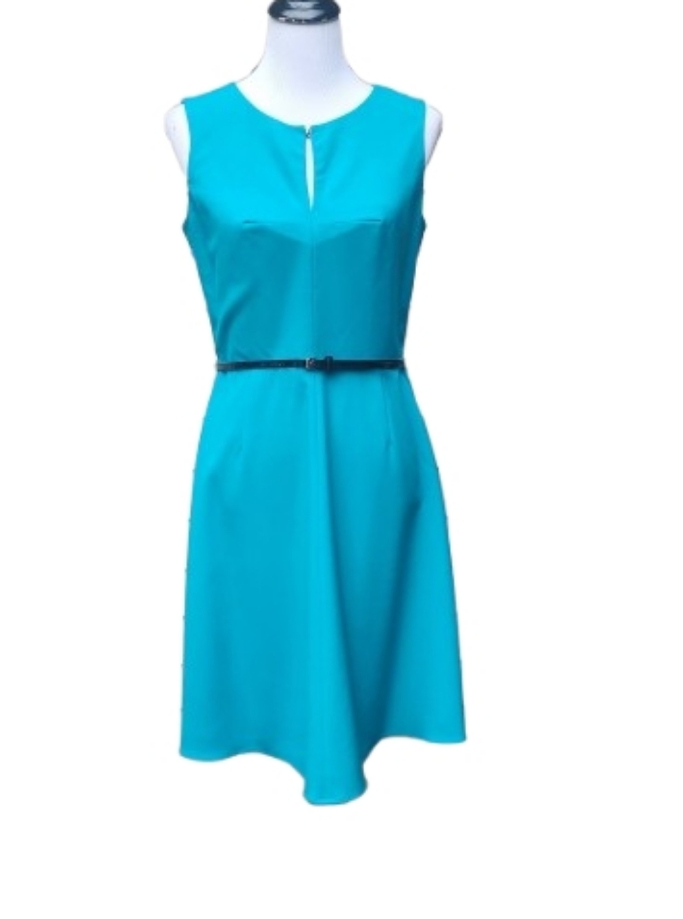 Calvin Klein Teal Blue/Green A-Line Dress Keyhole Neck Sleeveless Solid Classic